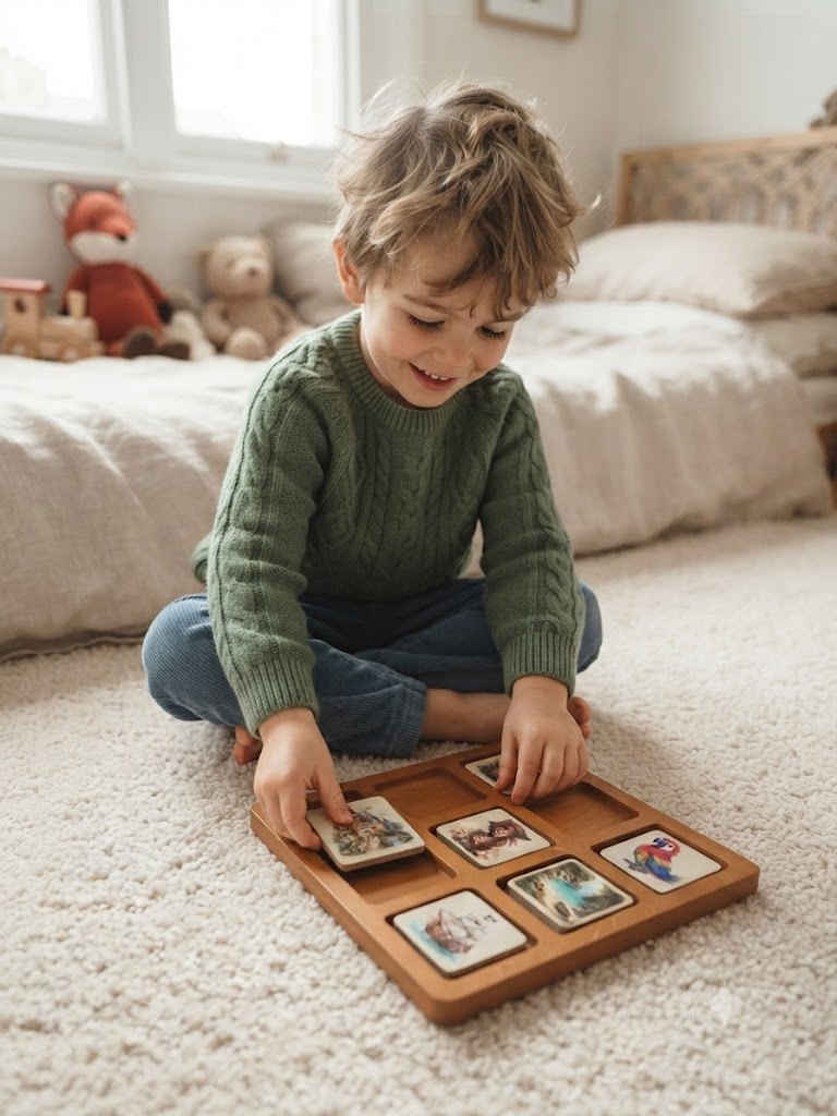 Small hands laying wooden story tiles on the tray