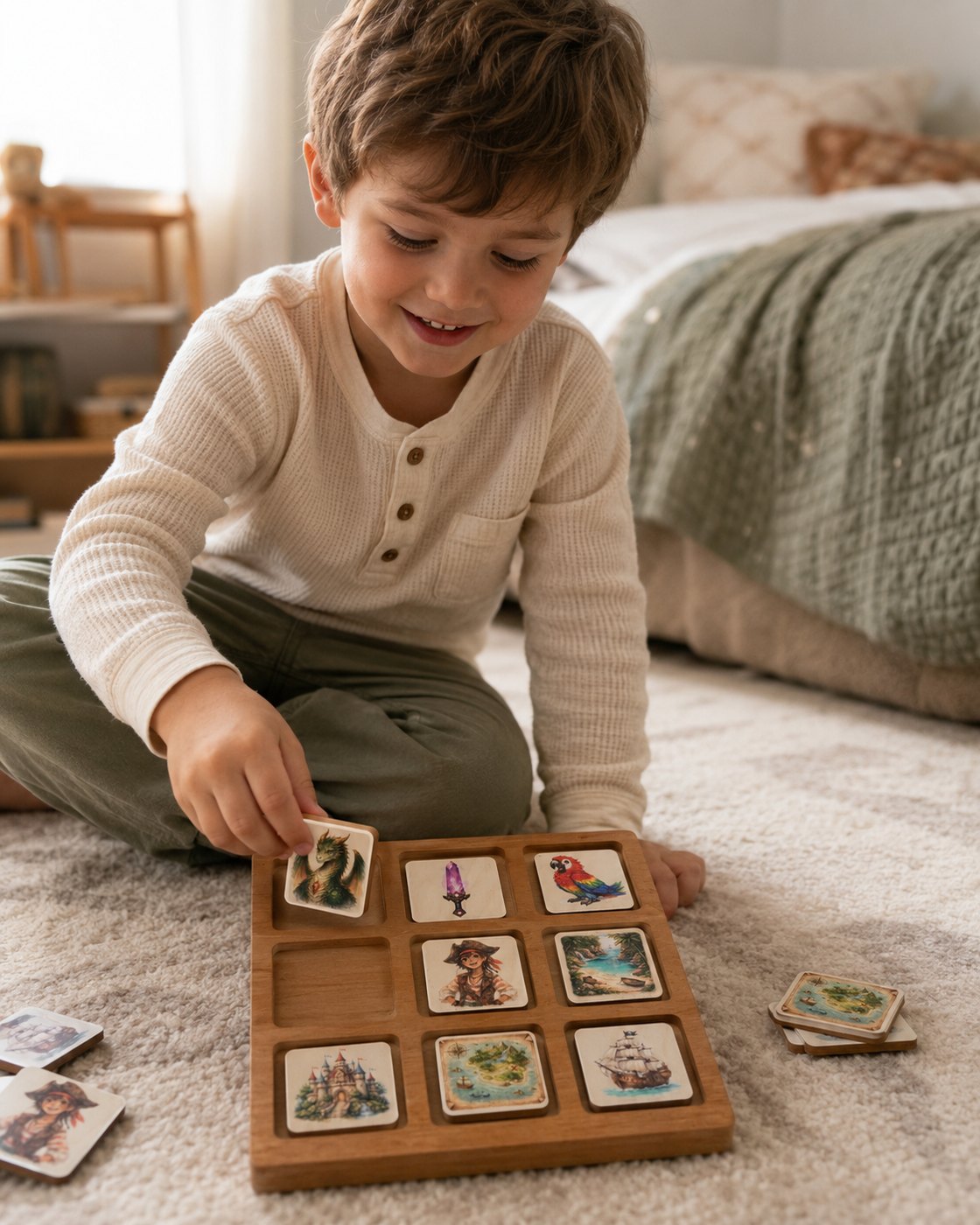 A young child playing with the TaleTiles wooden board